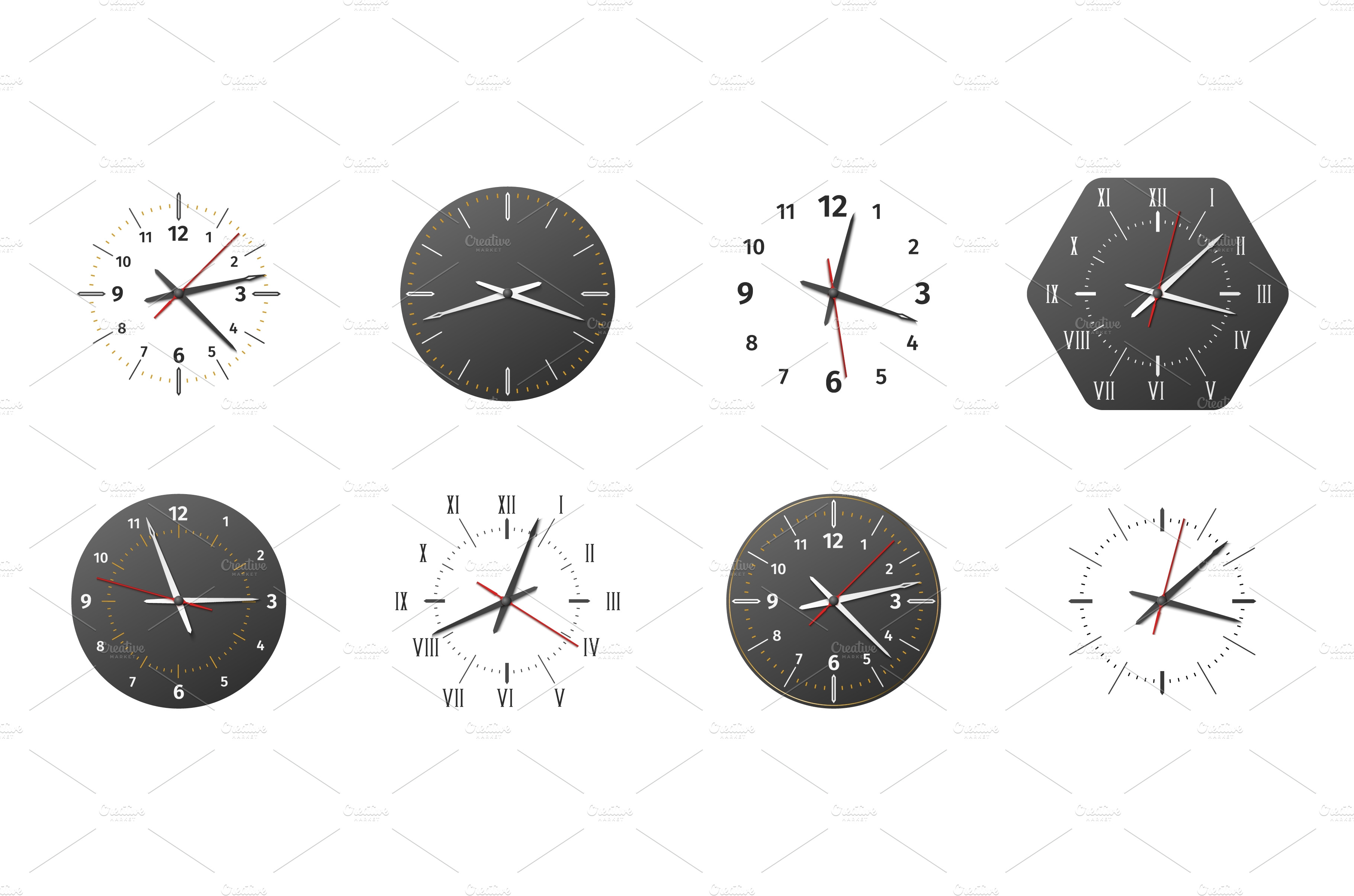 Clock faces. Realistic black or Graphic Objects Creative Market