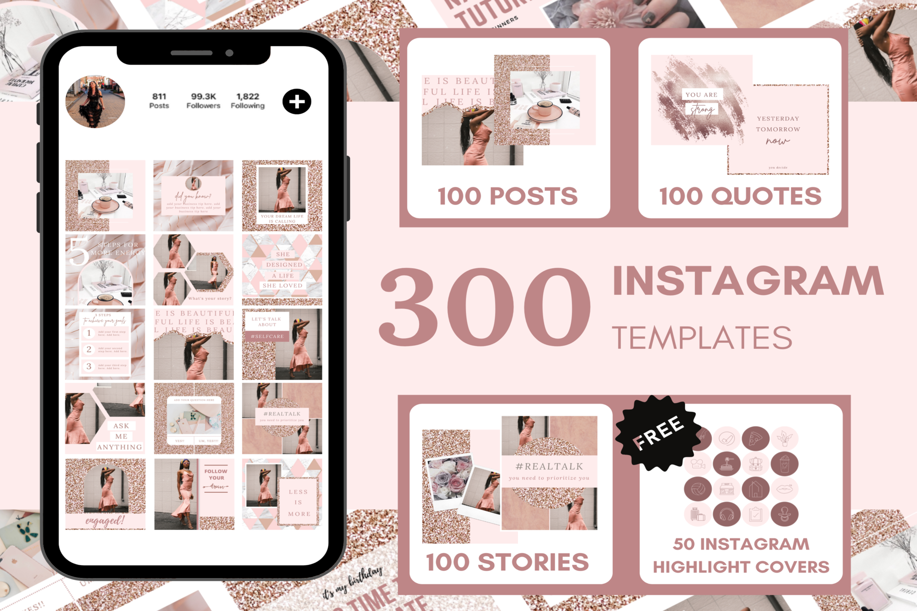 300 Rose Gold Instagram Template | Social Media Templates ~ Creative Market