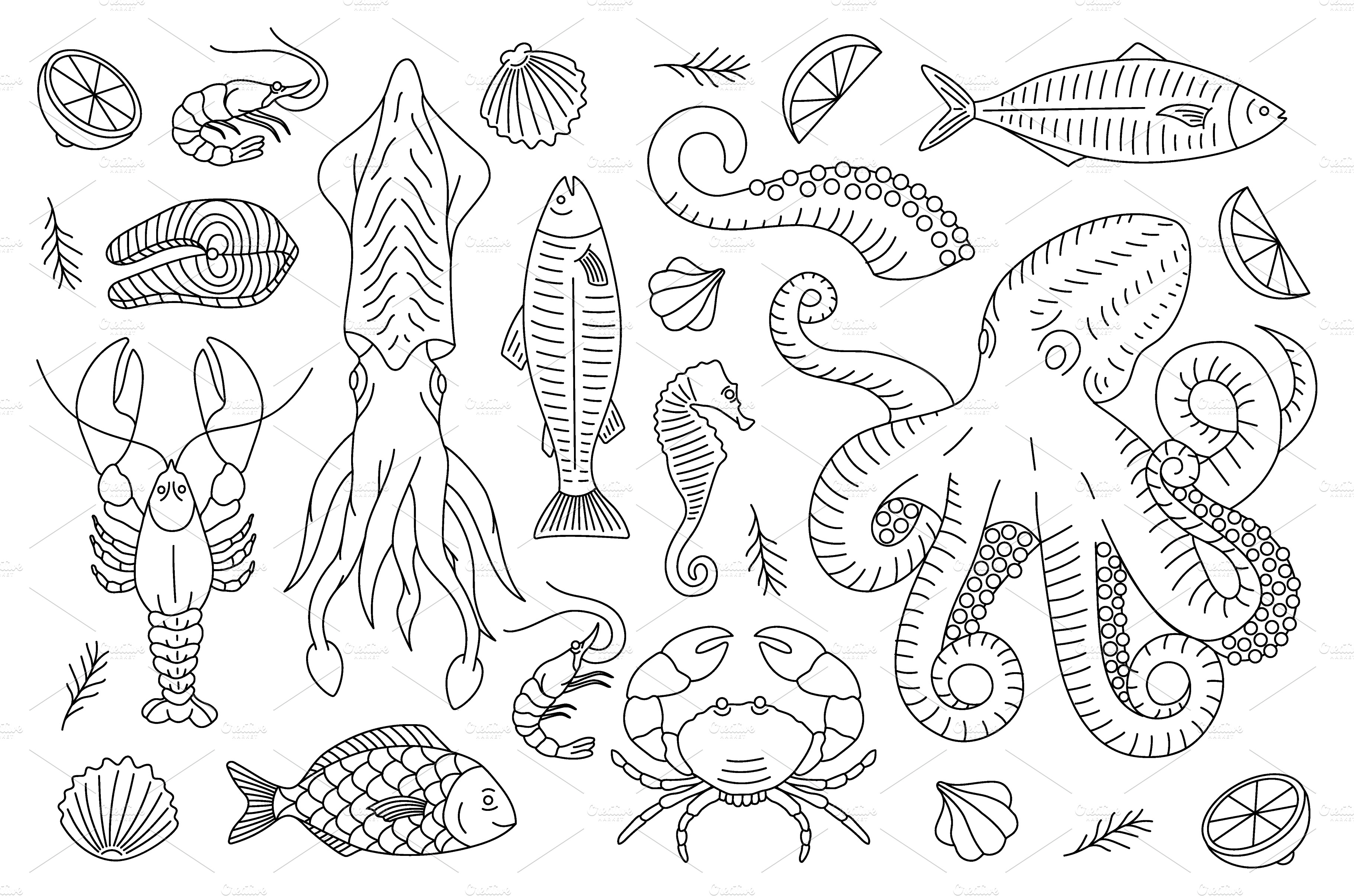 Seafood outline sketch set. Sea | Animal Illustrations ~ Creative Market