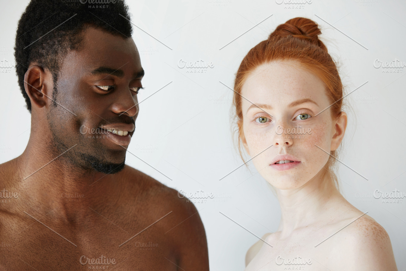 Portrait Of Happy Loving Interracial Couple Shirtless African Man 3780