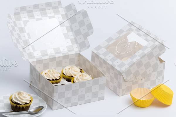 Download Four Cupcake Box Mockup 01 | Creative Photoshop Templates ~ Creative Market