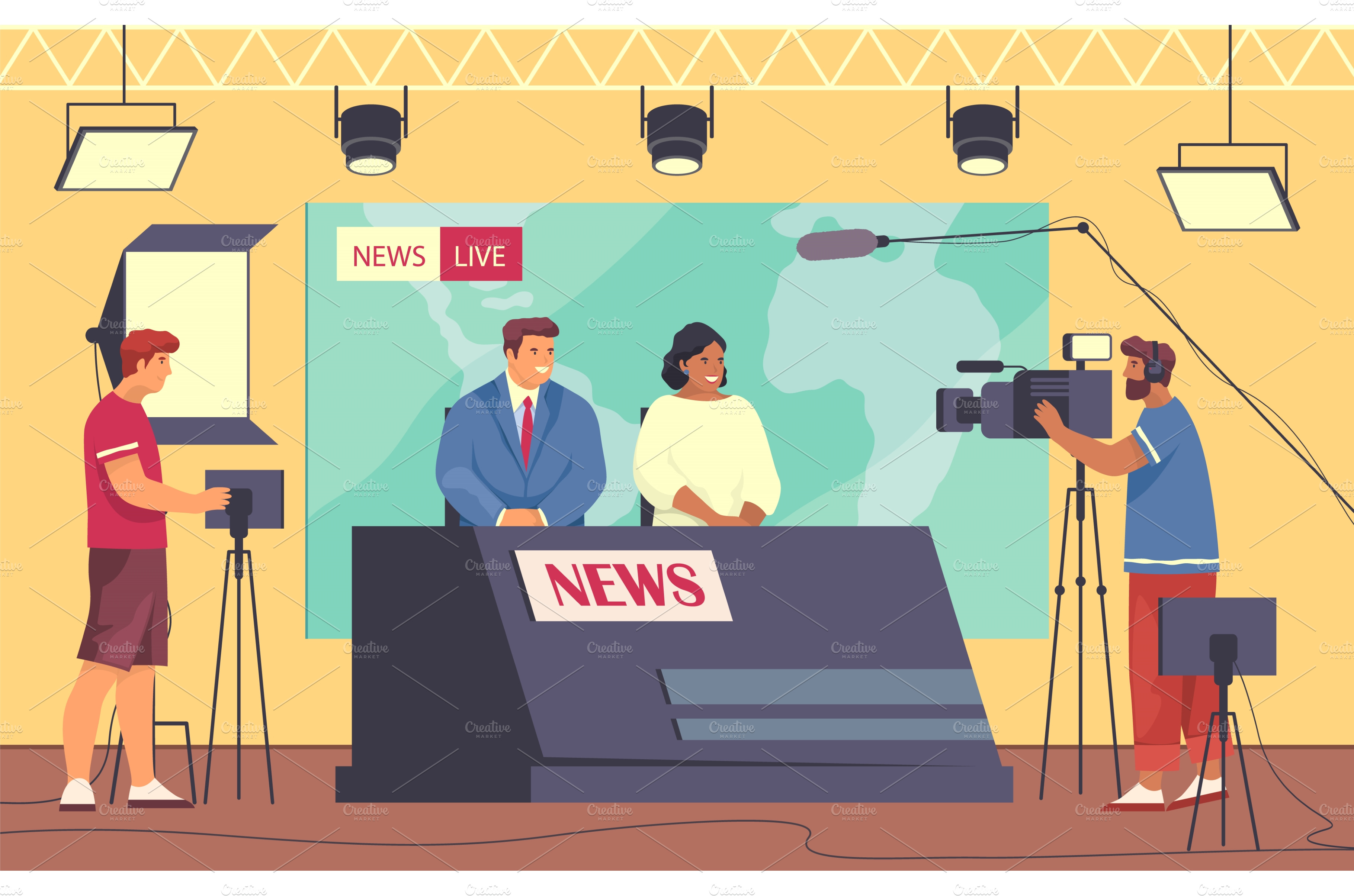 Reportage in studio news, broadcast | Technology Illustrations ...