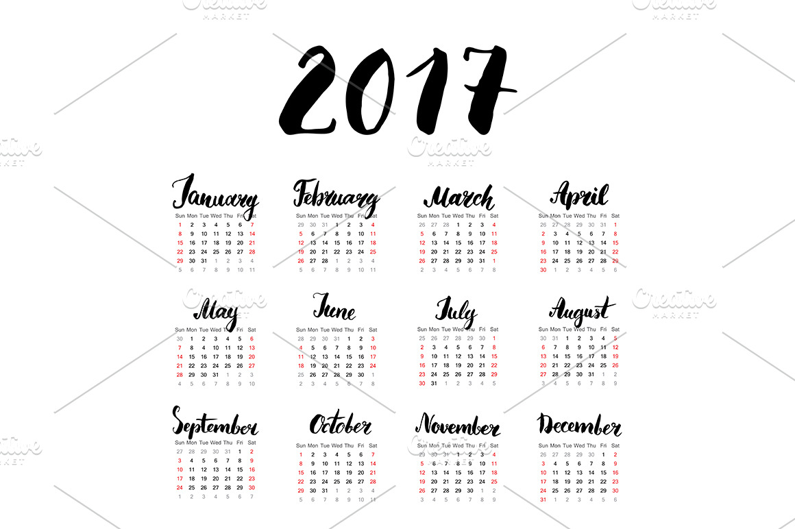 Calendar 2017 with Month Lettering | Illustrator Templates ~ Creative ...