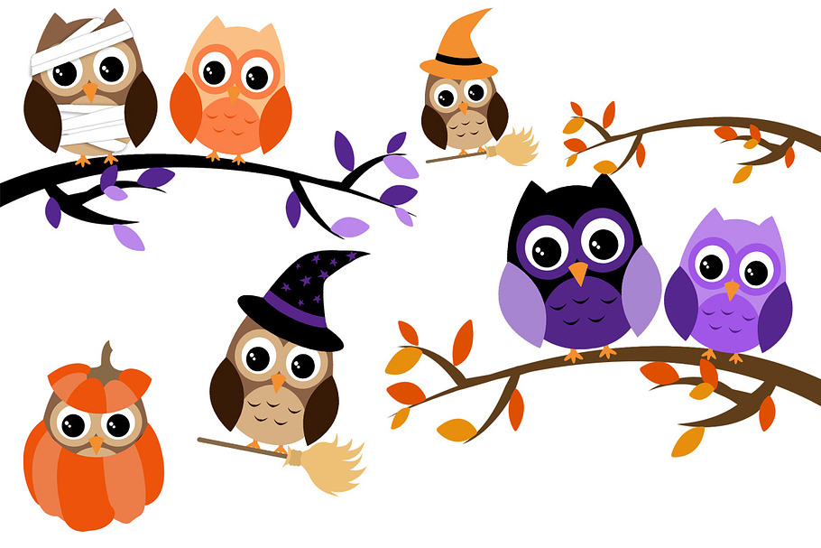 Halloween Owls Clip Art Set | Custom-Designed Illustrations ~ Creative ...