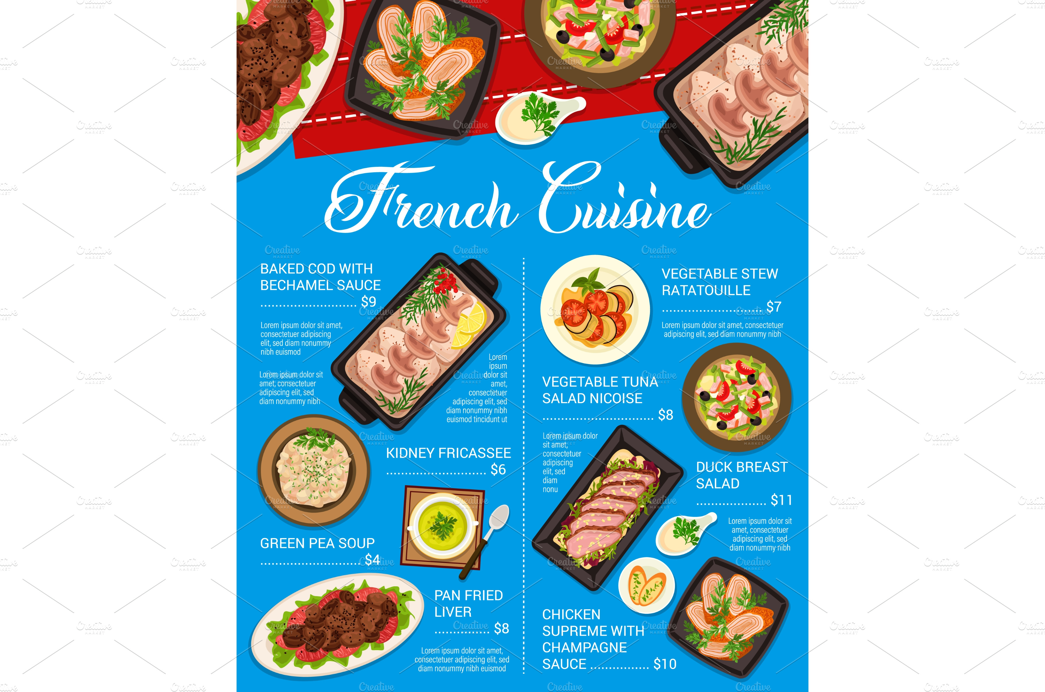 French cuisine menu template Food Illustrations Creative Market