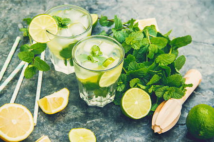 Mojito cocktail with lime and mint in highball glass on a grey stone  background Stock Photo by annapustynnikova