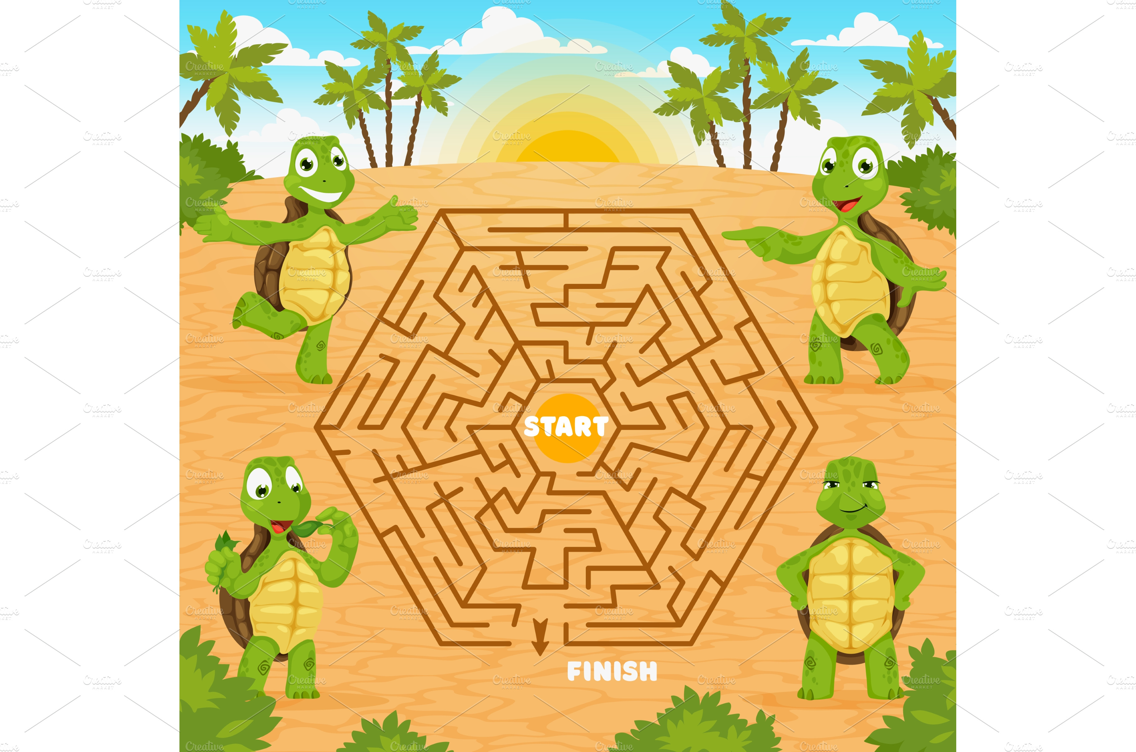 labyrinth-maze-game-cartoon-turtles-animal-illustrations-creative