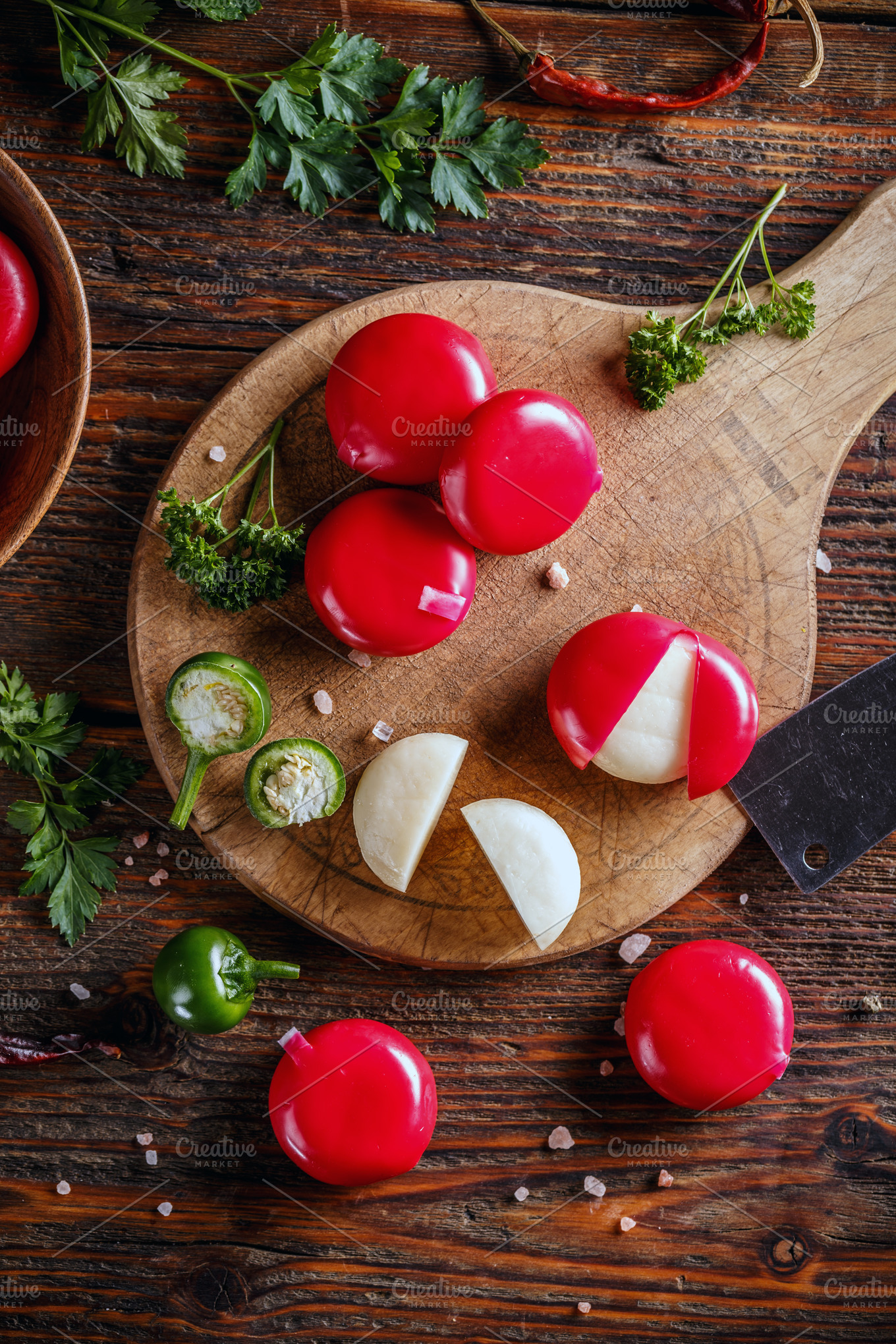 Cheddar cheese in red wax Food Images Creative Market