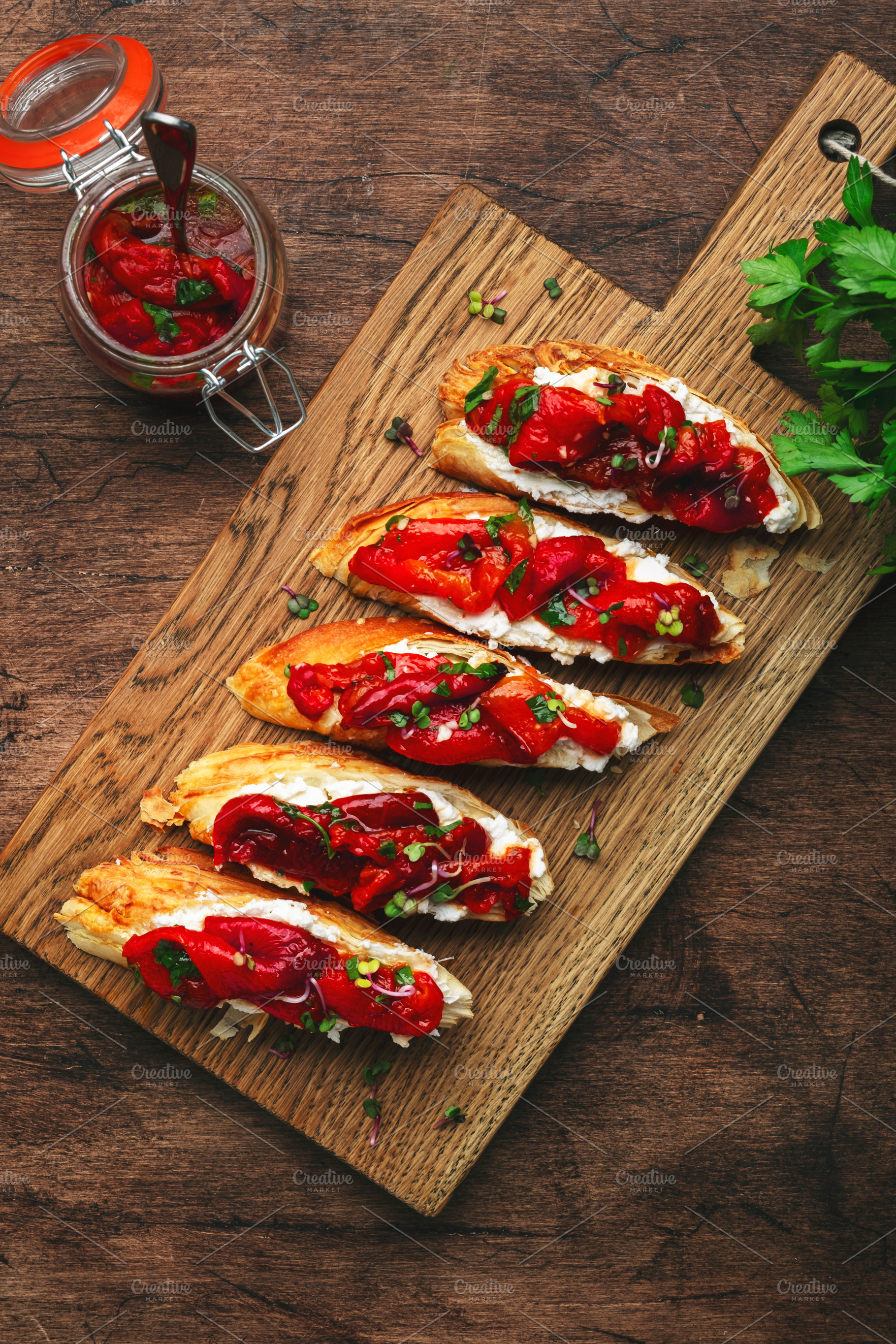 Crunchy bruschetta with soft cream cheese and sweet red paprika | Food ...