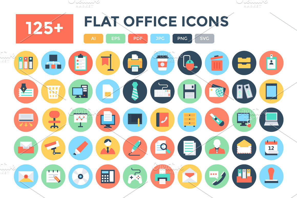 125+ Flat Office Vector Icons 