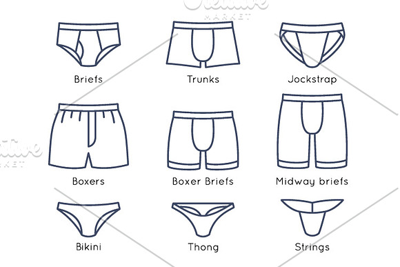 Male underwear types flat icons set