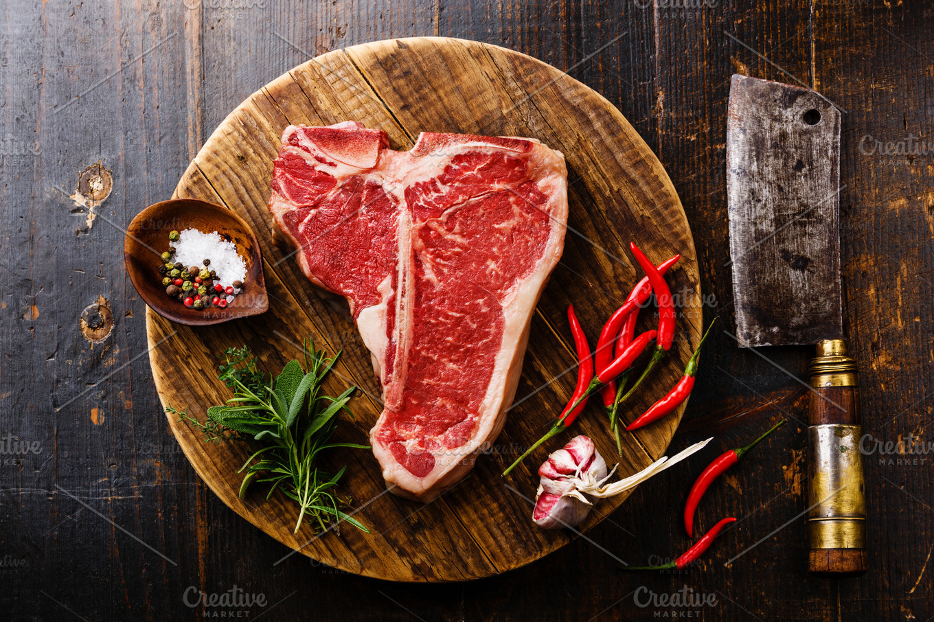 Raw meat T-bone steak and cleaver | High-Quality Food Images ~ Creative