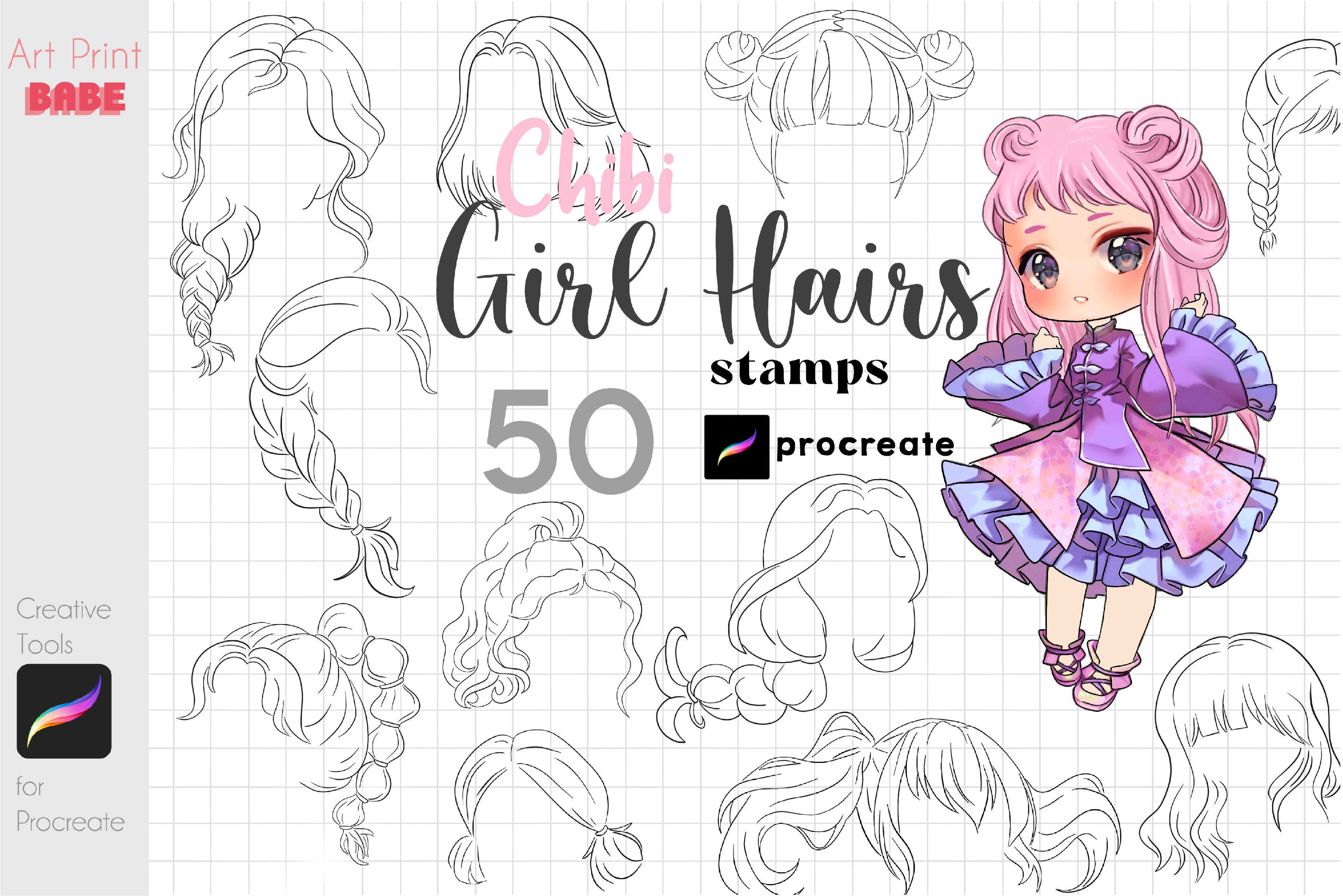 Procreate Manga Hairstyles Stamps. Anime Girl Hairstyle Stamp 