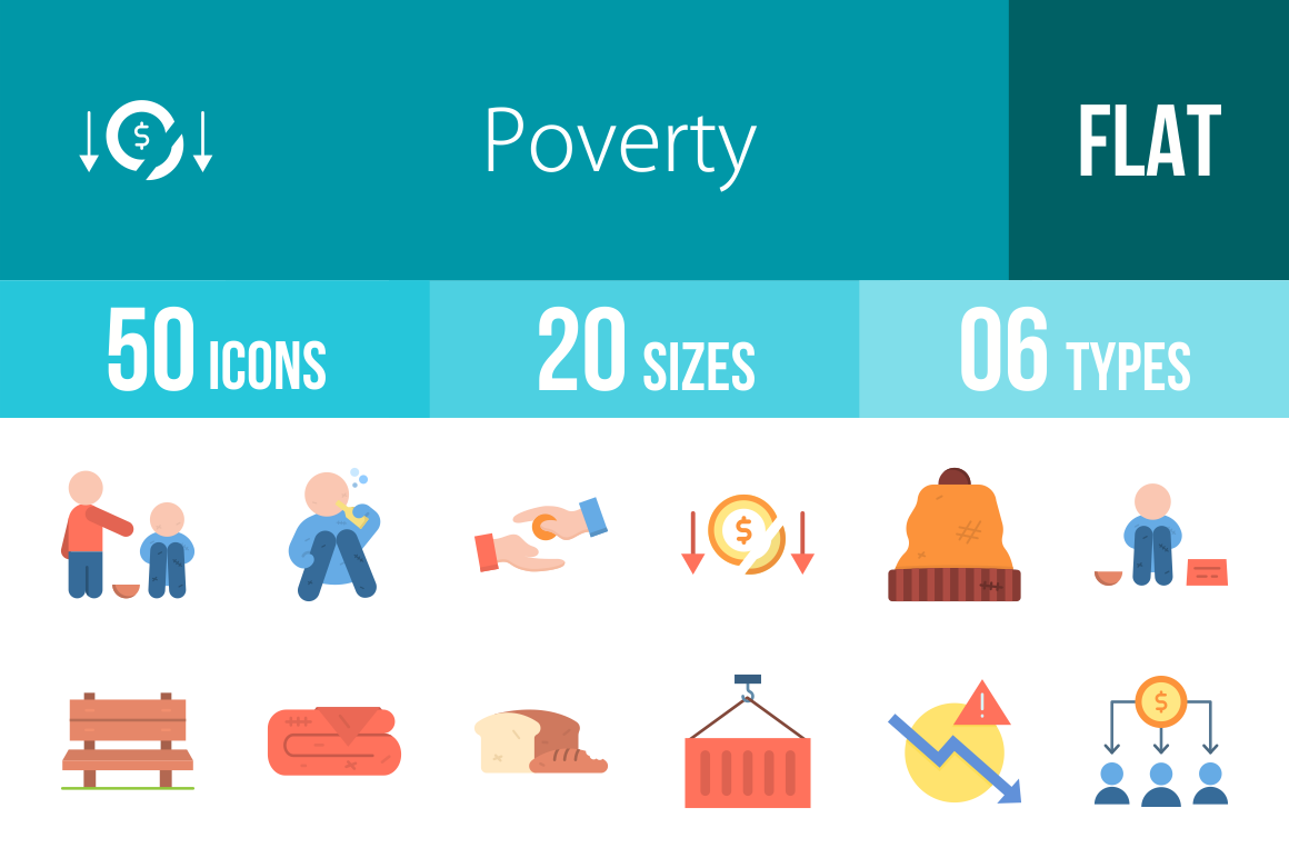 50 Poverty Flat Multicolor Icons | Illustrator Graphics ~ Creative Market