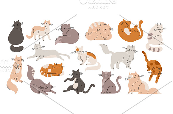 Cute Cats Pets or Kittens Playing or Posing Vector Flat Icons