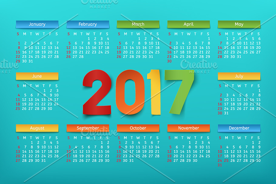 Calendar template for a year 2017. | Pre-Designed Illustrator Graphics ...