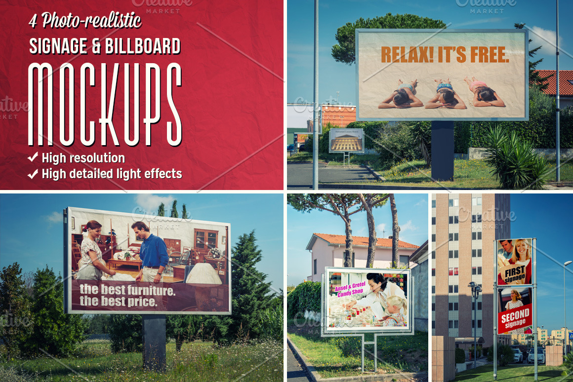 Download 4 Signage & Billboards mockups | Creative Photoshop Templates ~ Creative Market