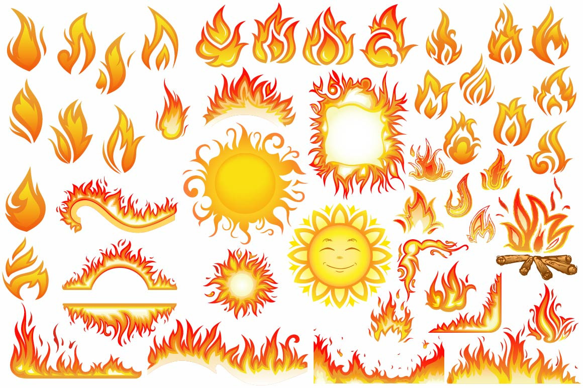 Set of flame fire and sun Icons Creative Market