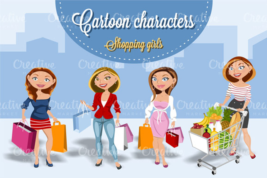 Set Of Shoping Girls Comic Style Pre Designed Illustrator Graphics Creative Market