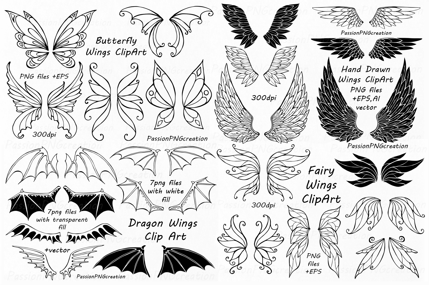 Big Set Of Doodle Wings Clipart Pre Designed Illustrator Graphics Creative Market