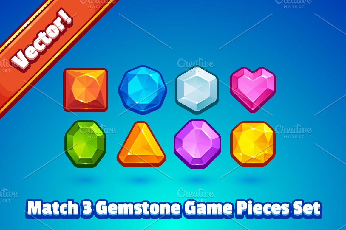 Gems match3 jogos de fundo. conjunto de ícones preciosos multicoloridos e  jogo de carregamento, ativos gráficos da gui