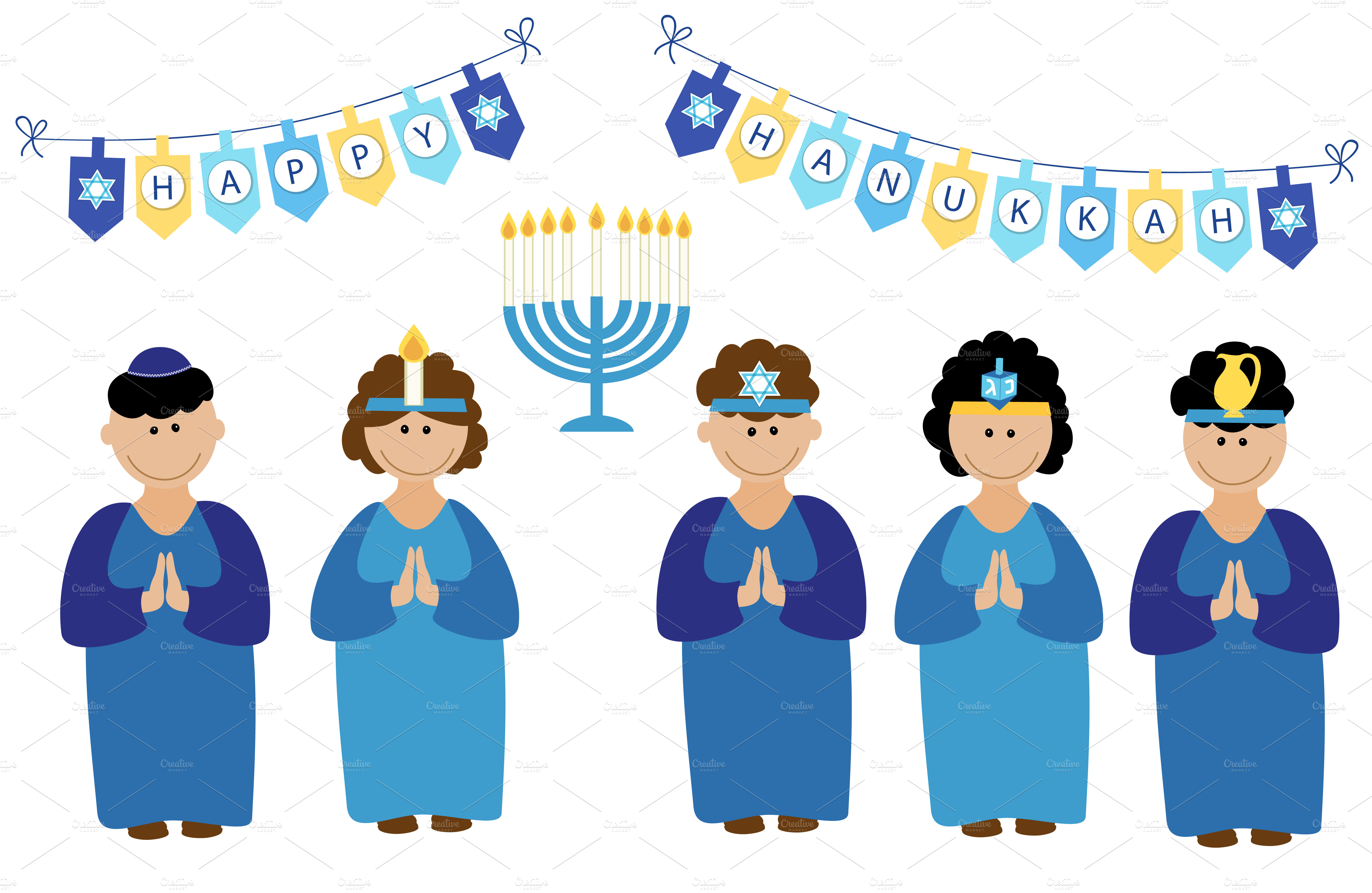 Hanukkah cute children characters PreDesigned Illustrator Graphics