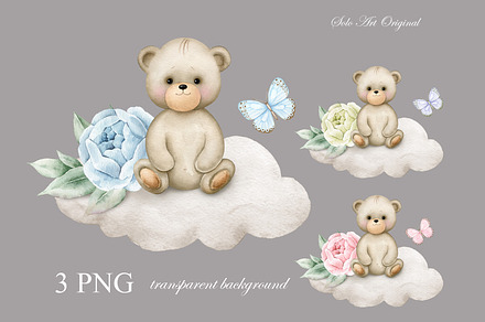 Teddy bear Clipart balloons Baby neutral shower Pastel By Solo Art