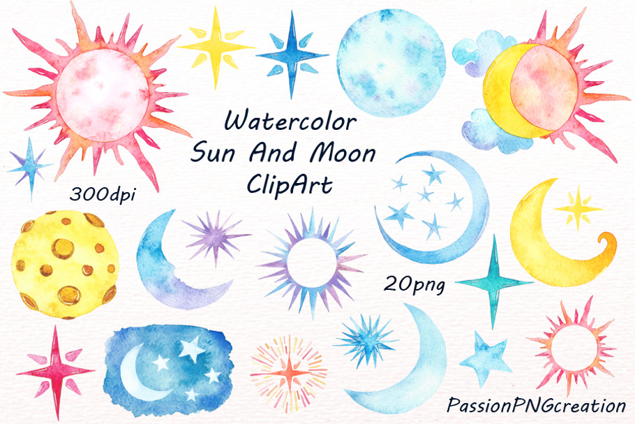 Watercolor Sun Moon Clipart Pre Designed Vector Graphics Creative Market