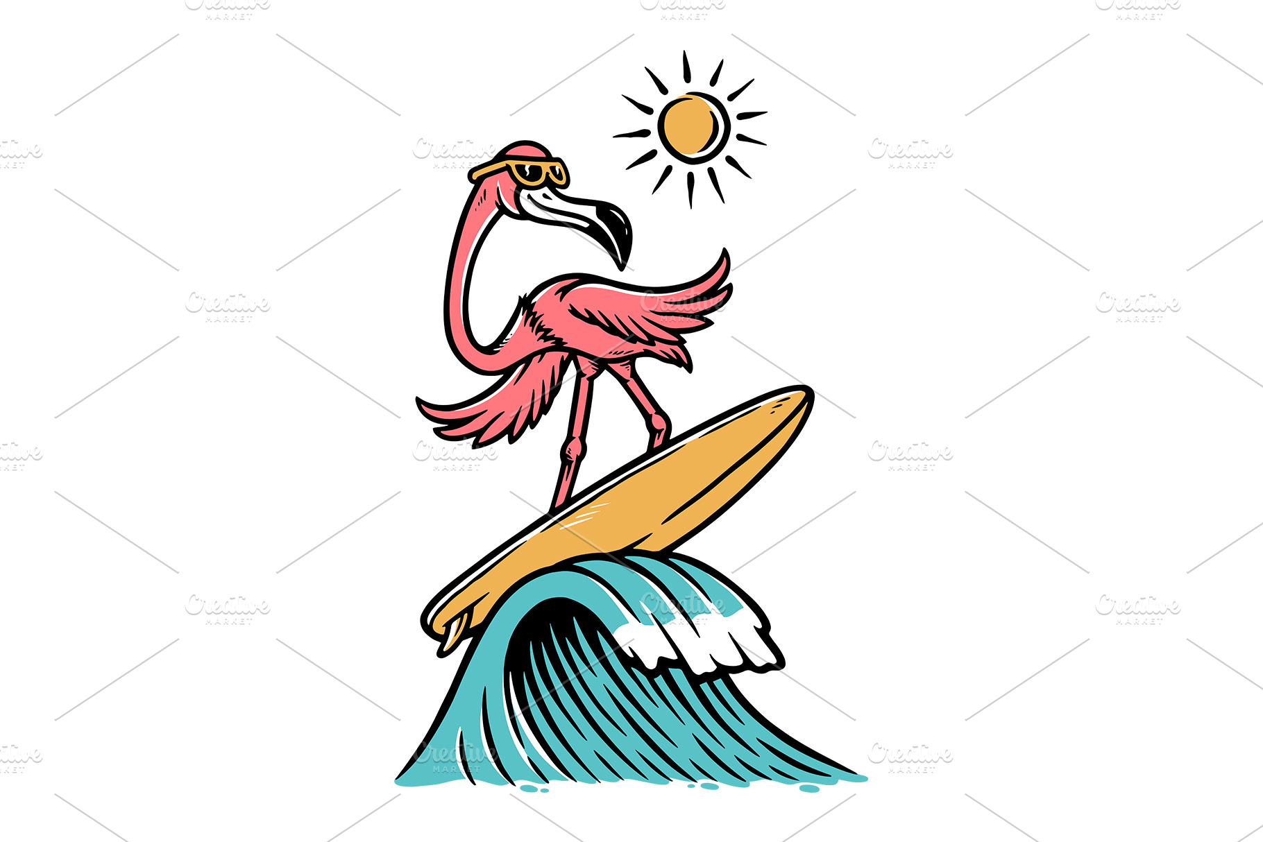 flamingo-is-surfing-on-the-beach-creative-market