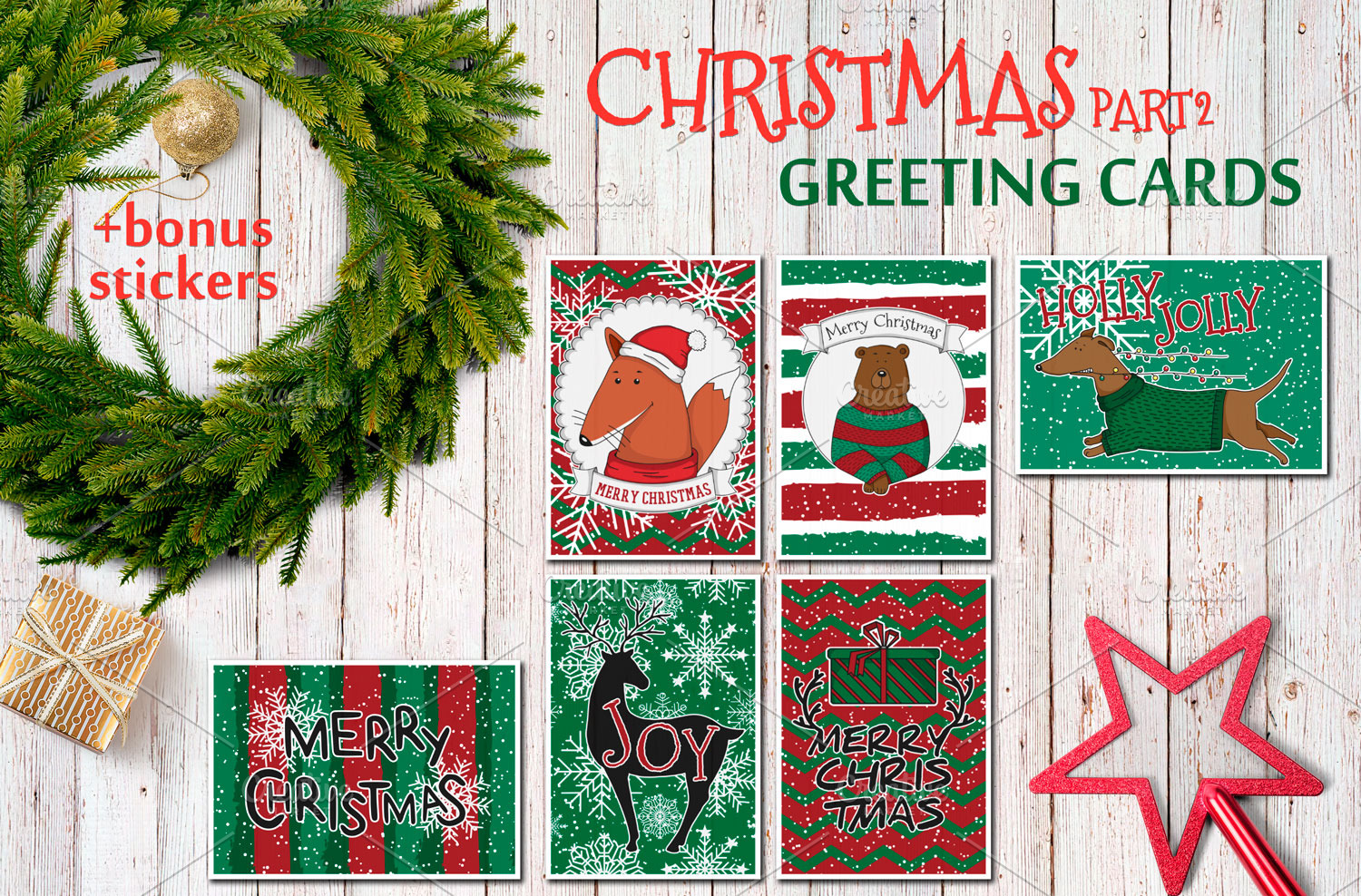 Christmas greting cards, vector set | Animal Illustrations ~ Creative ...