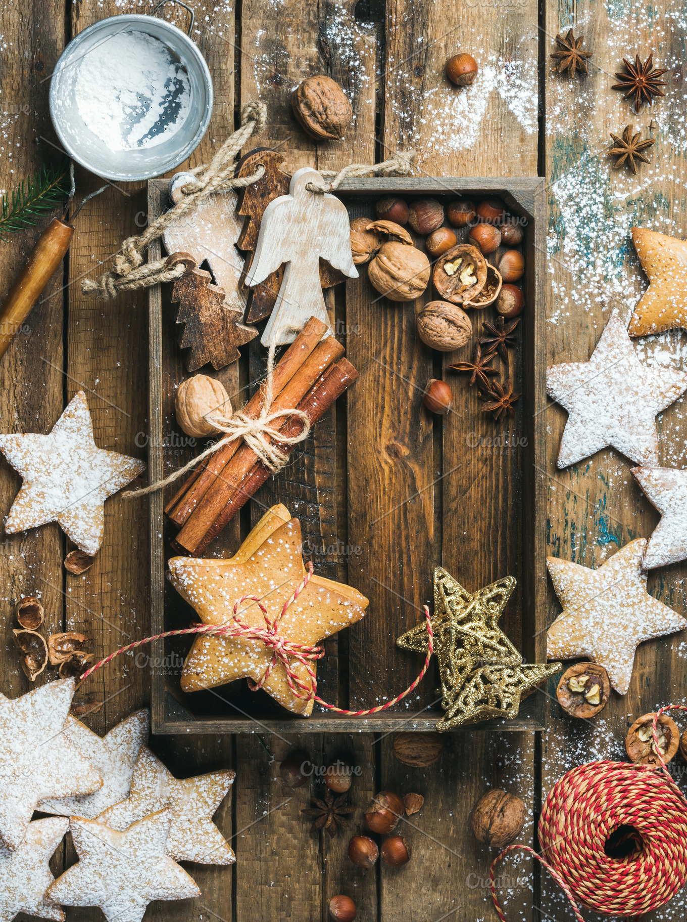 Wooden angels & decorative stars, | Holiday Stock Photos ~ Creative Market