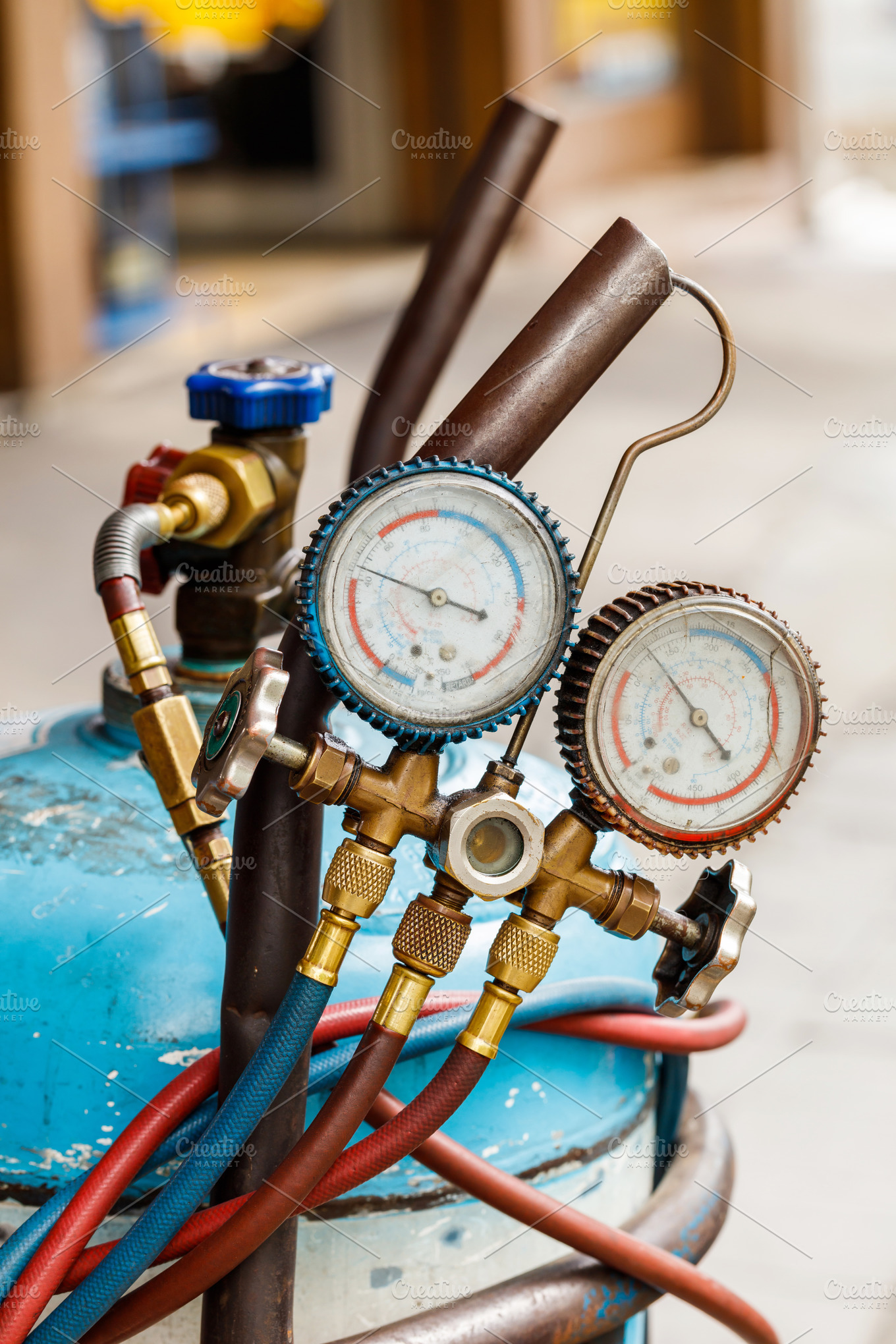 gas cylinder with manifold gauge | Stock Photos ~ Creative Market