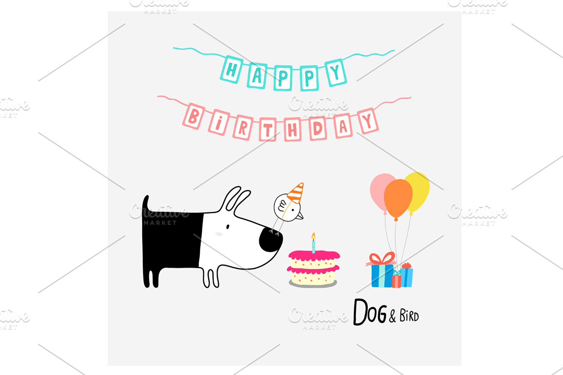 Dog & Bird Happy Birthday | Animal Illustrations ~ Creative Market