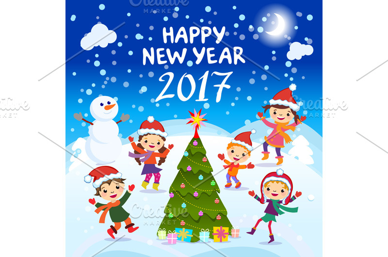 Happy New Year 2017 kids fun vector | Pre-Designed Illustrator Graphics ~ Creative Market