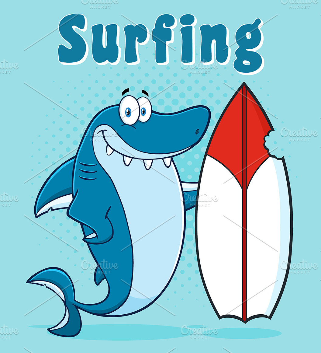 Happy Blue Shark With Surfboard | Animal Illustrations ~ Creative Market