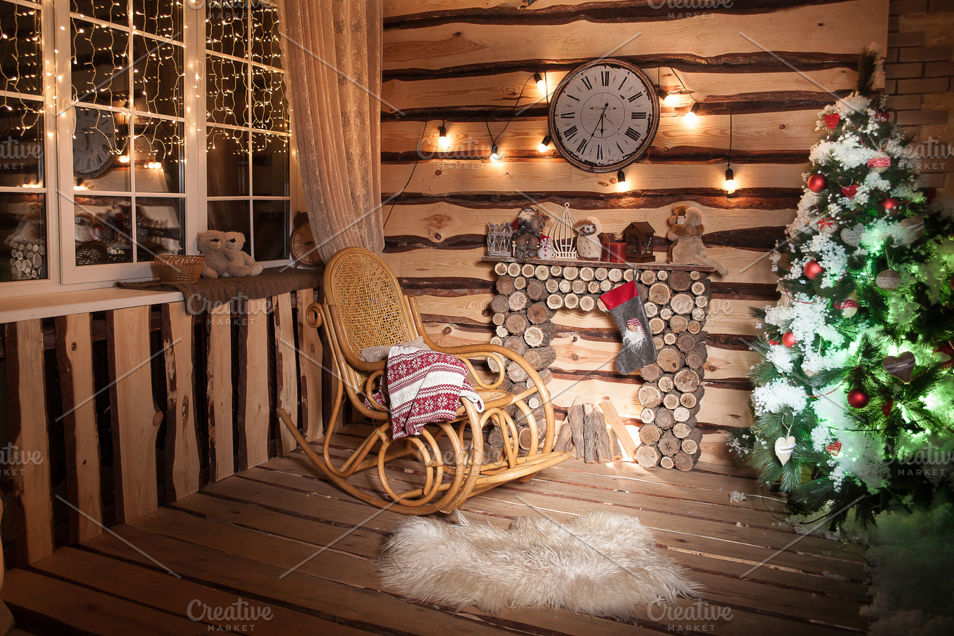 Rustic house in Christmas time. Winter holiday season. Decorated tree near fireplace in wooden