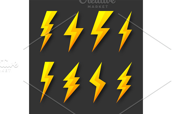 Lightning bolt icons collection. Flash symbol, thunderbolt. Simple