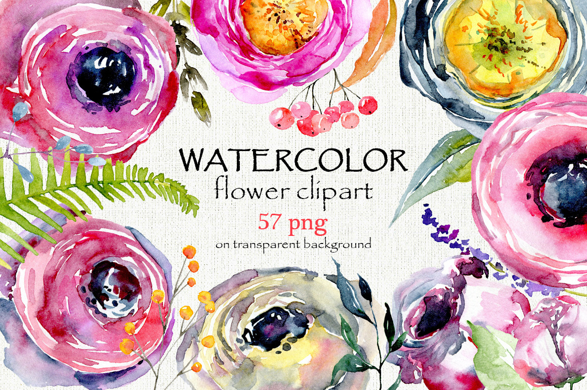 Watercolor flowers, branches, 57 png | Custom-Designed Graphics