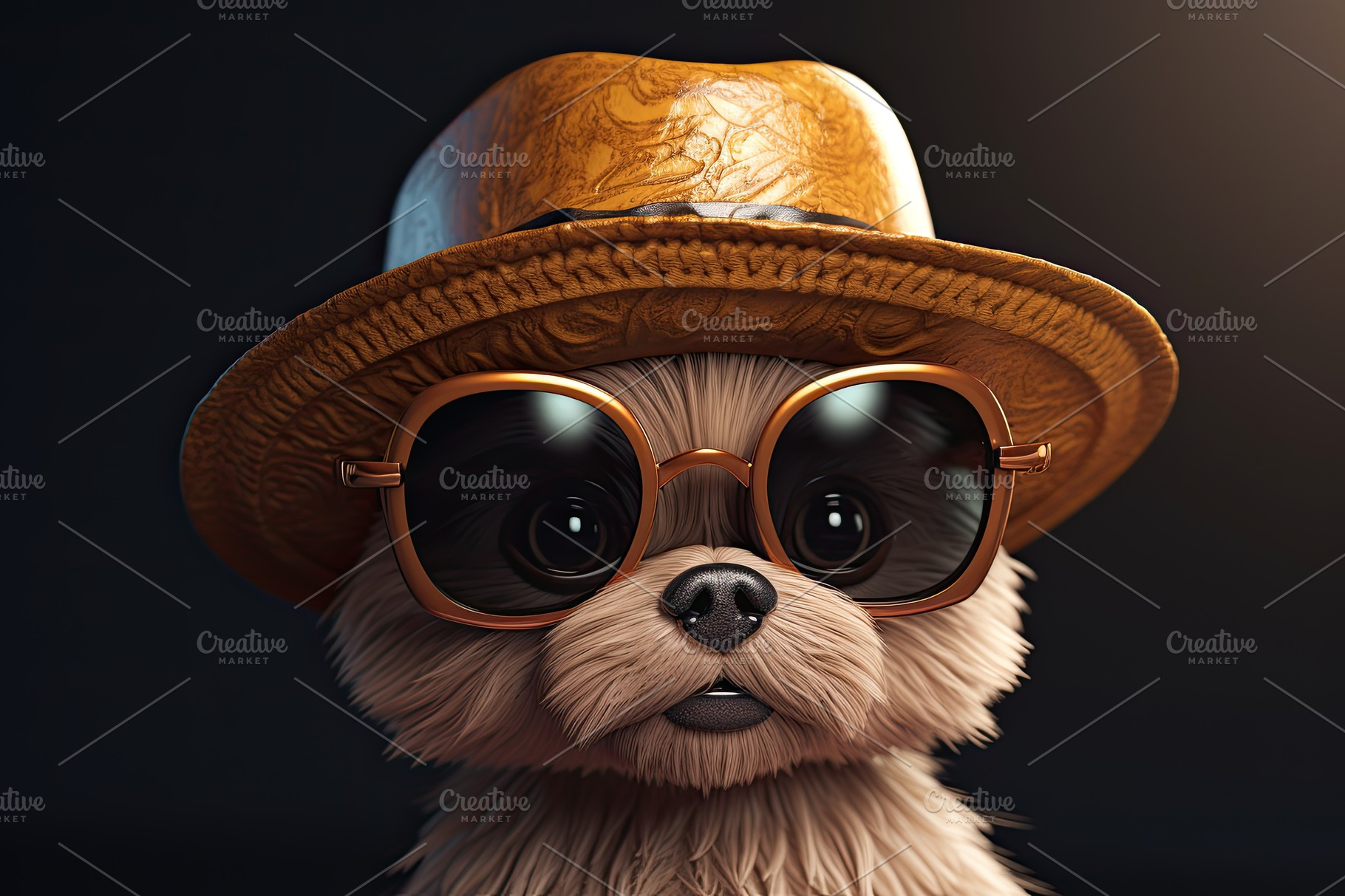 Funny cool dog wearing sunglasses and hat looking at camera