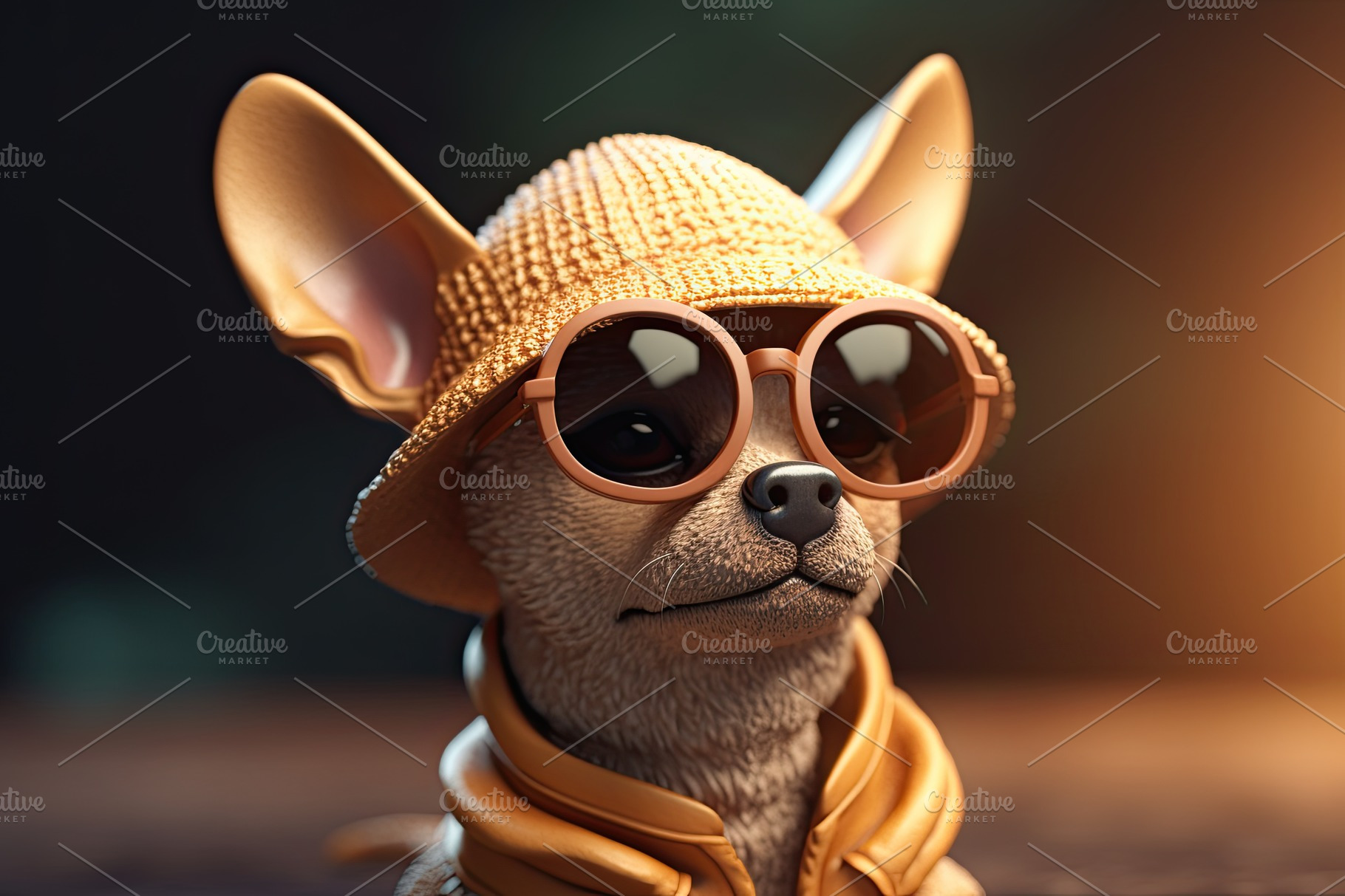 Funny cool dog wearing sunglasses and hat looking at camera