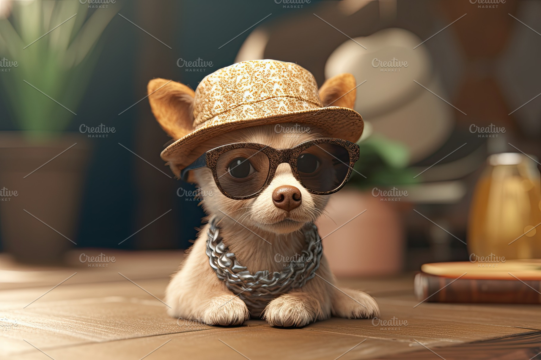 Funny cool dog wearing sunglasses and hat looking at camera