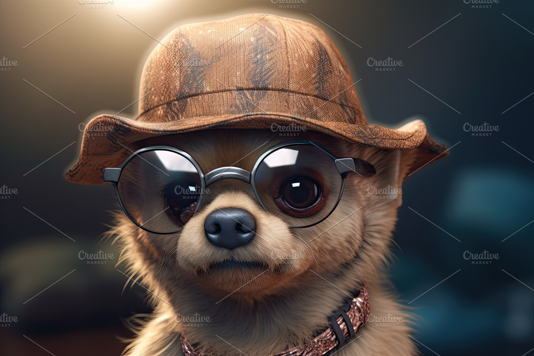 Funny cool dog wearing sunglasses and hat looking at camera