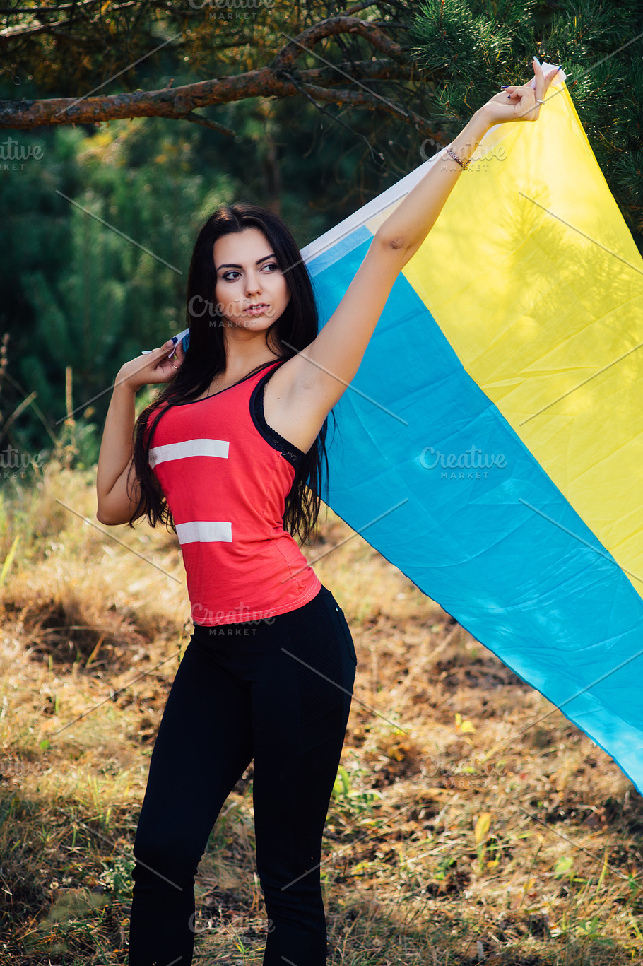 Beautiful Brunette Model Posing In A Park With Flag Of Ukraine High Quality People Images 