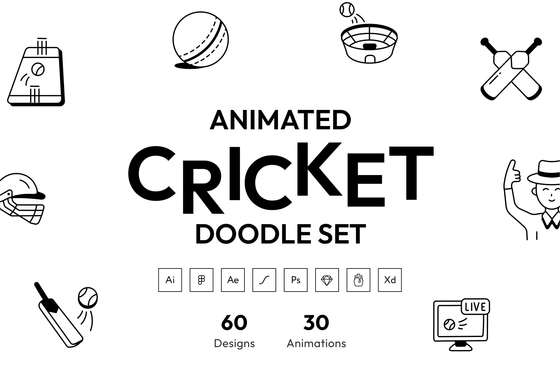 Bundle of Cricket Accessories Doodle Icons 27728562 Vector Art at