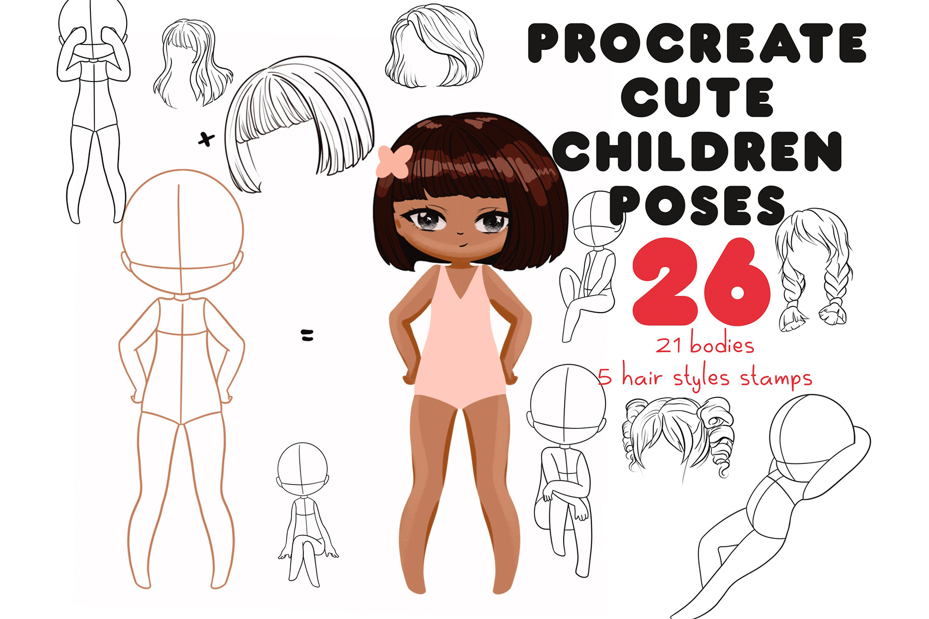 145 Anime Girls Standing Poses Guides Stamps for Procreate 