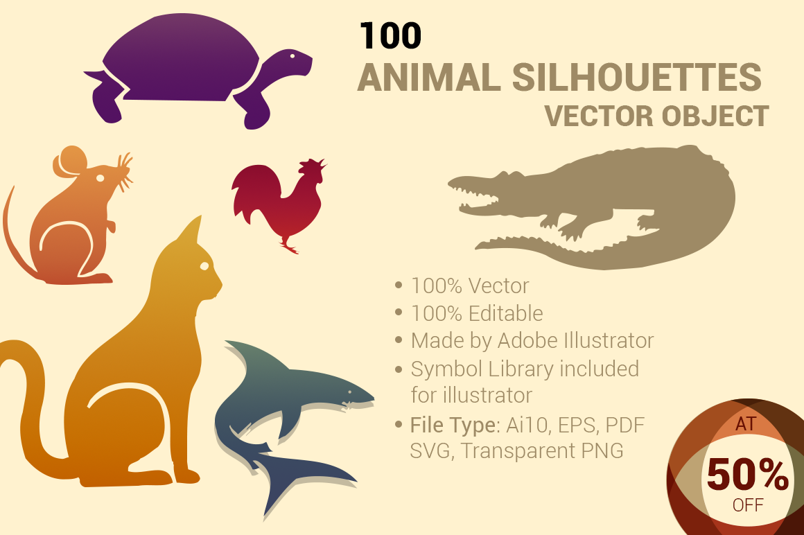 100 Animal Silhouettes Vector Shapes Unique Illustrator Add Ons Creative Market