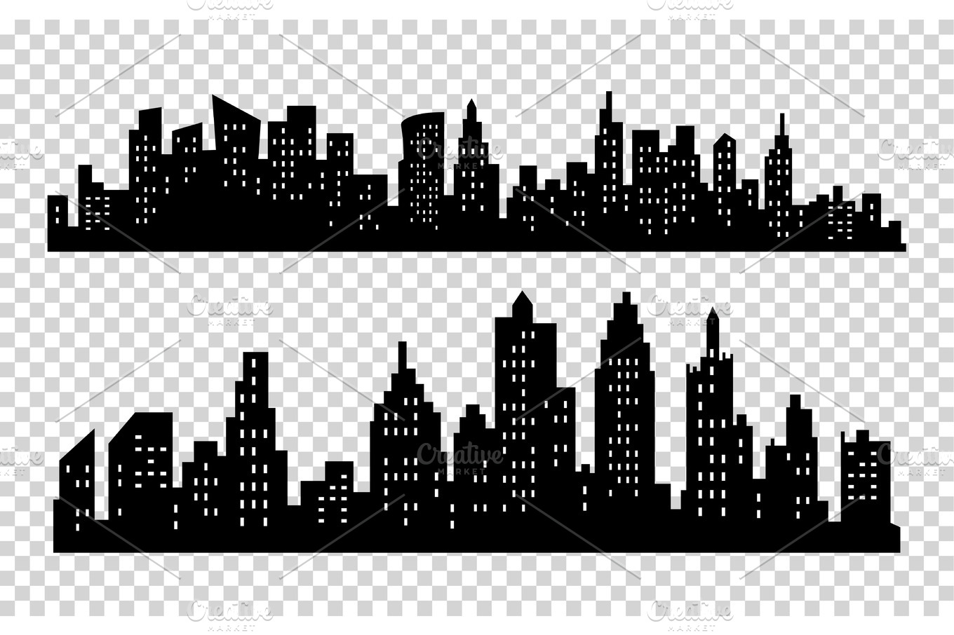 Vector black city silhouette icon set isolated on white background