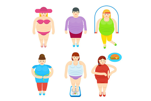 Fat Woman Funny Cartoon Characters Set | Pre-Designed Illustrator