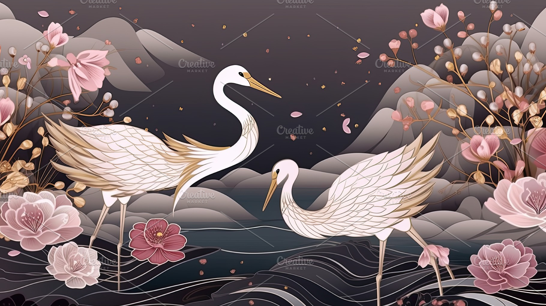 Pink Heron Print Wallpaper, Luxury Wallpaper with Asian Birds