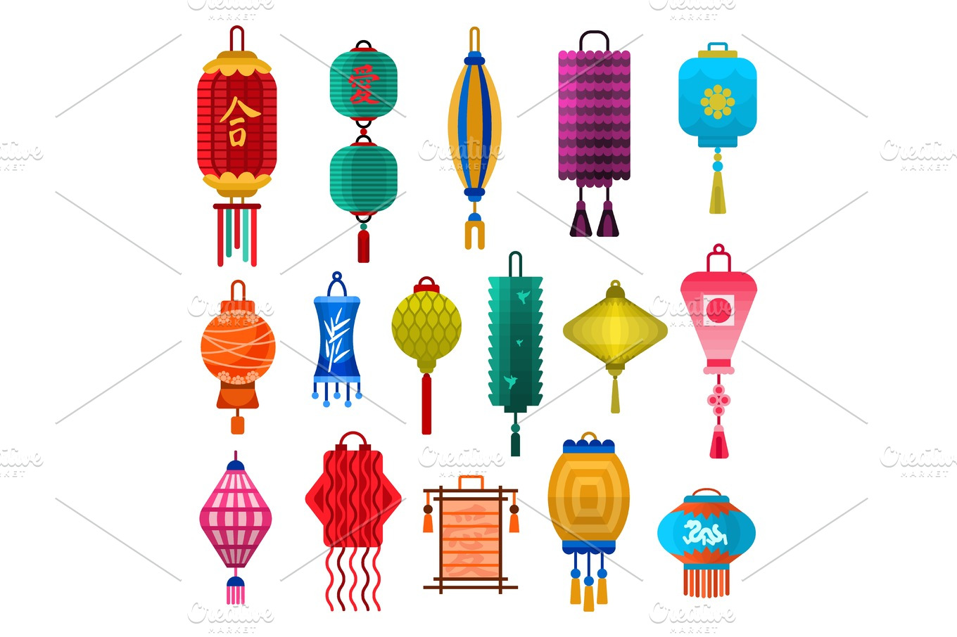 Chinese lanterns light flat style vector illustration. | Illustrator